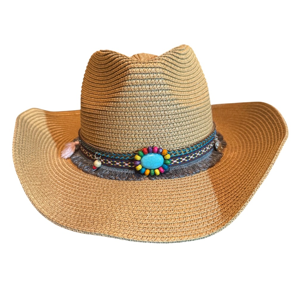 Boho Western Straw Cowboy Hat Turquoise Beaded Fringe Wide Brim NWOT